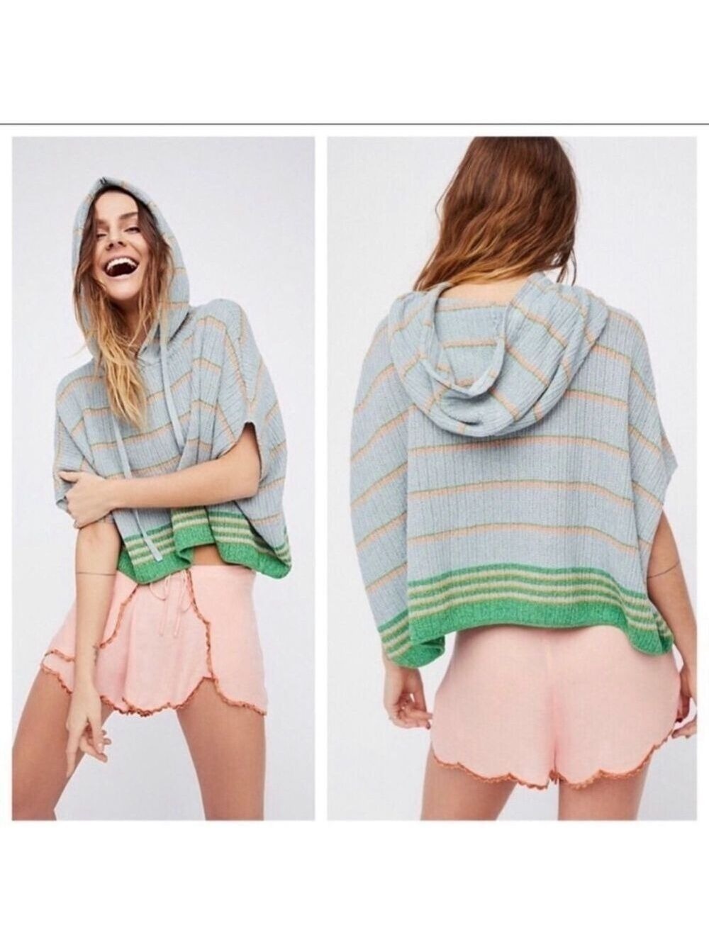 Free People Teal Striped Shimmer Hoodie M/L Oversized Relaxed Fit